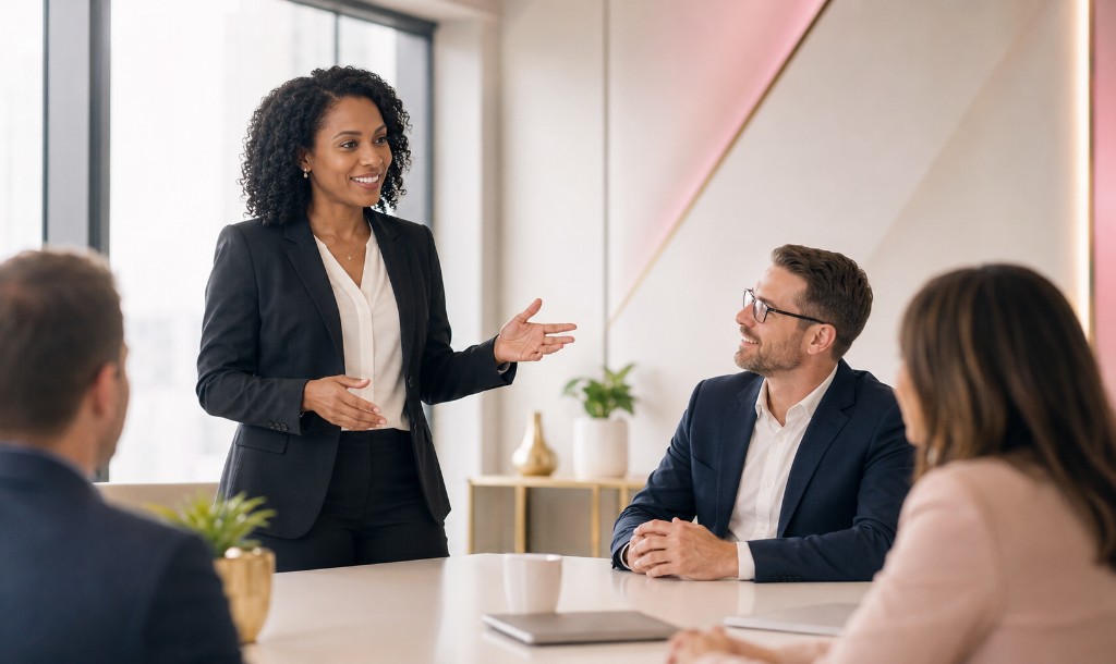 Consultant presenting delivered results to colleagues in a meeting room
