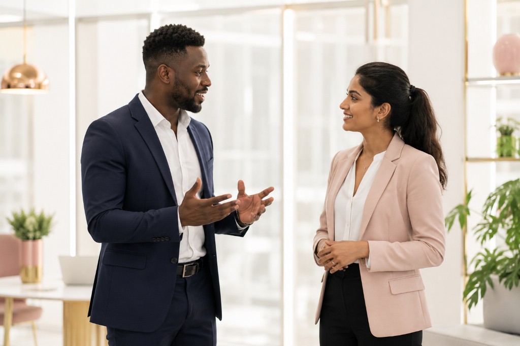 Two colleagues collaborating on practical implementation in a modern office