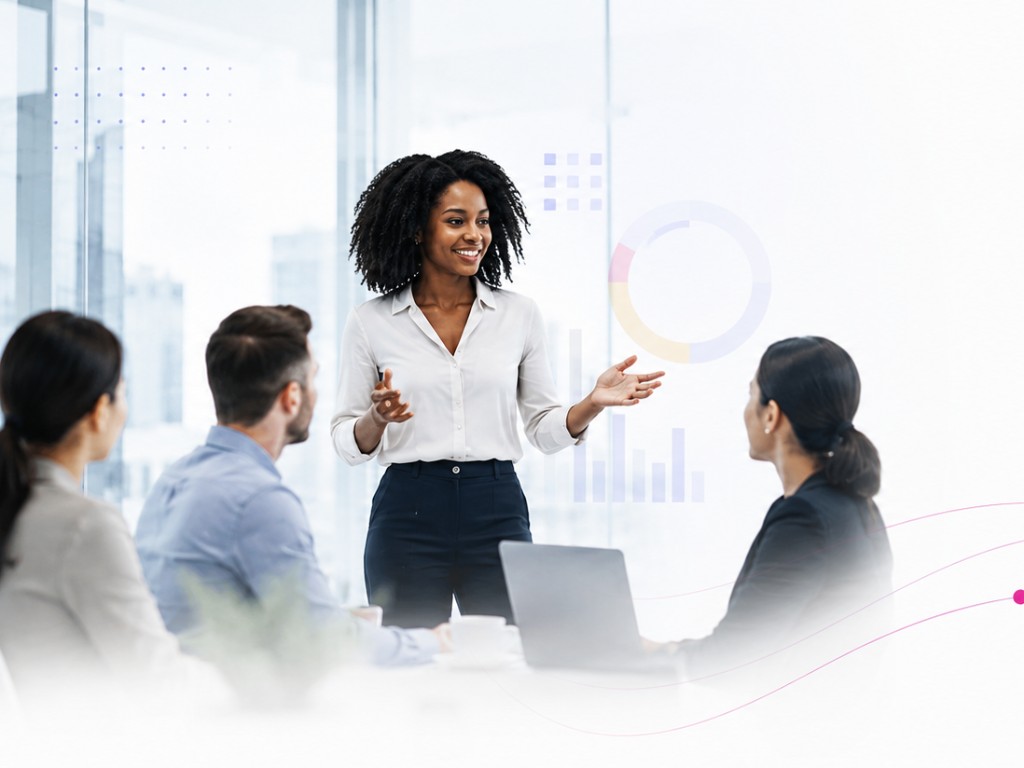 Leader facilitating a performance review with the team using analytics on screen